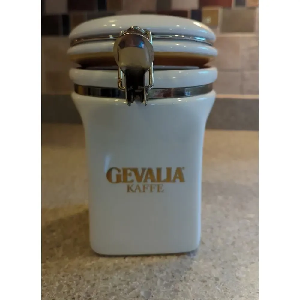 Gevalia Kaffe White & Gold Coffee Tea Ceramic Canister Airtight Hinge Lock 7.5